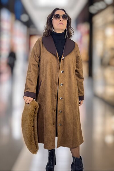 yagmurberen Removable Fur Collar Unpadded Pocketed Plus Size Women's Suede Coat
