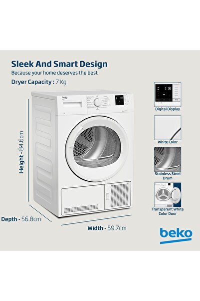 Beko مجفف ملابس مكثف سعة 7 كجم مع 15 برنامجًا، تجفيف مستشعر متقدم، ضوضاء منخفضة، تيار مستمر 7 وات (أبيض)