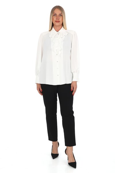 KİFAYET Plus Size Epaulet Sleeves Stone Button Ruffle Collar Brooch Detailed Stylish Women's Blouse