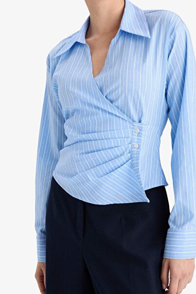 Kübra Tekstil Kadın Mavi Kruvaze Regular Fit V Yaka Çizgili Bengalin Uzun Kollu Gömlek - Kadın Gömlek