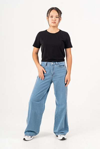 GİYİCEM TEKSTİL Kız Çocuk Yan Şeritli Geniş Paça Şeritli Jean Pantolon 2225