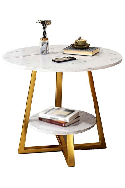 Twinkle Mart Marble Effect 2-Tier Round Coffee/Side Table with Storage Shelf
