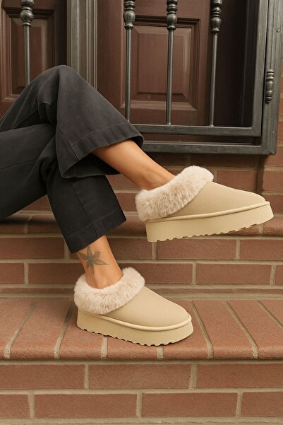 MÜJERİL'S Γυναικείες μπότες δρόμου και σπιτιού με χοντρή σόλα από σουέτ με λεπτομέρειες από γούνα