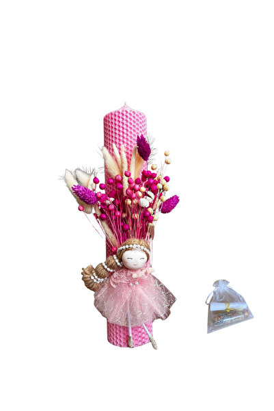 OEM Baptism candle made of natural wax, decorated with dried flowers + bottle of spices for the baby girl