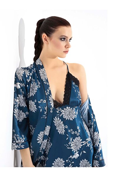 MOONGIRL KADIN SATEN LACİVERT EMPİRME SABHALIK GECELİK İKİLİ TAKIM