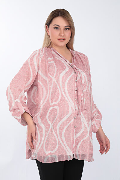 KİFAYET Büyük Beden (50-56) Baskılı Şifon Astarlı Uzun Kol Boyundan Bağlamalı...