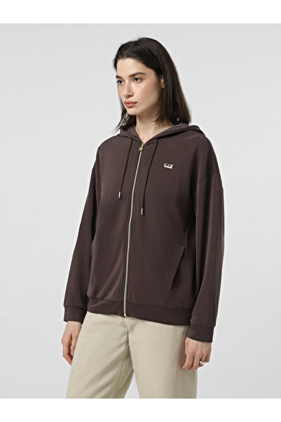 EA7 Women Hooded Collar Pocket Detail Zipper Closure Long Sleeve Brown Sweatshirt 7W000192 Af12643-U6063