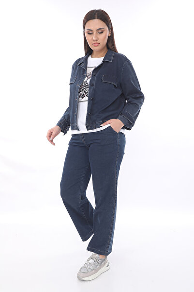 EXİTLİNE Women's Seasonal 3-Piece Set Pants Jacket T-Shirt with Stones Printed Navy Blue Stretchy Denim Set