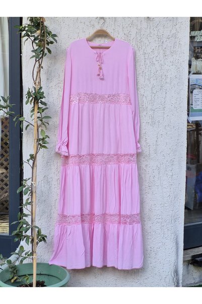 Nurul kisve Pink Lace Detailed Lined Hijab Dress