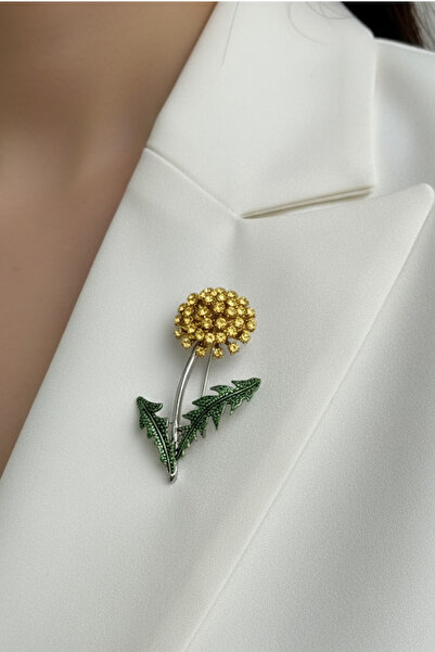 Modex Yeşil Yaprak Detay Taşlı Çiçek Motif Broş (6cm)