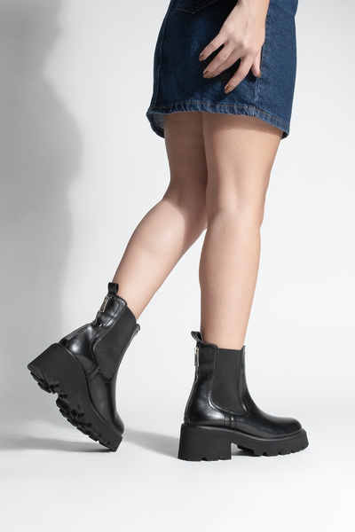 Marjin Kadın Kalın Topuklu Aksesuar Fermuarlı Lastikli Günlük Bot Fenros Siyah