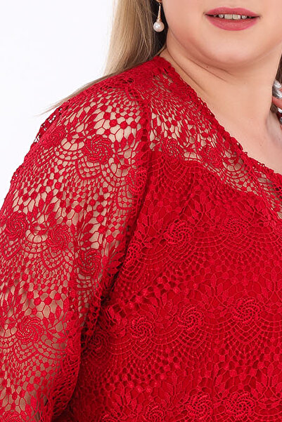 KİFAYET Büyük Beden Dantelli Truvakar Kol Düğmeli Şık Abiye Kadın Bluz