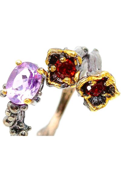 FashionBijoux Inel din argint 925 cu ametist și granat, mărimea 7.5, reglabil