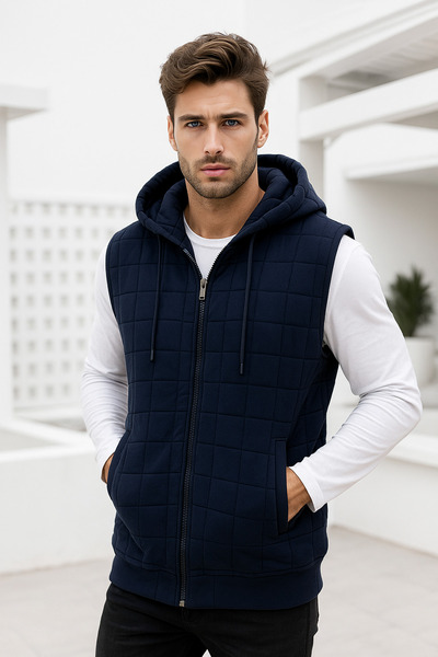 Rich Чоловічий синій бавовняний жилет з двома кишенями та капюшоном Basic