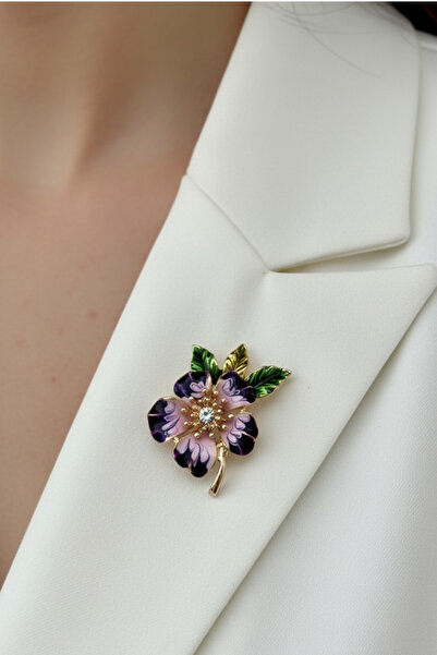 Modex Yaprak Detaylı Mor Çiçek Motif Broş (4cm)