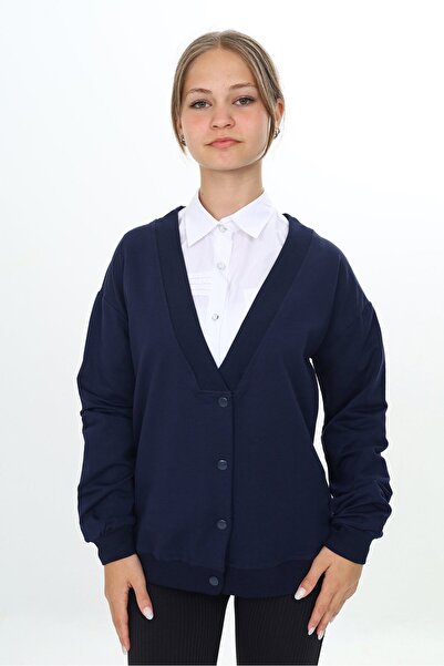 Toontoy Navy Blue Girls' V-Neck Snap Closure Drop Shoulder Knitted School Car...