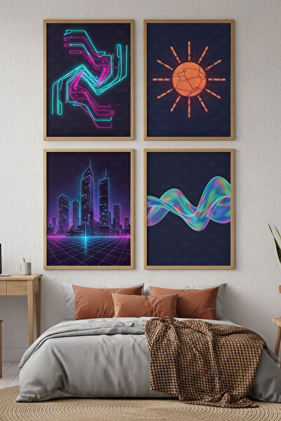 Tontilika Neon Gelecek 4’lü Ahşap Çerçeveli Tablo Seti - Genç Odası Dekor