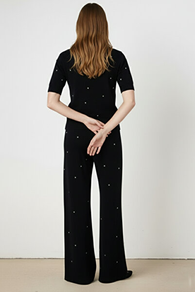 Triko Mısırlı Siyah Taş İşlemeli Bol Paça Kadın Pantolon