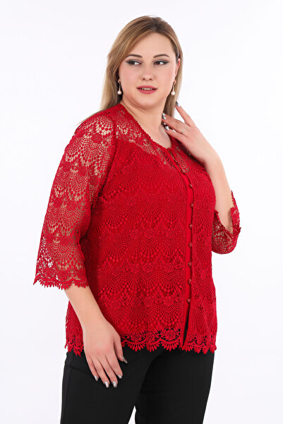 KİFAYET Büyük Beden Dantelli Truvakar Kol Düğmeli Şık Abiye Kadın Bluz