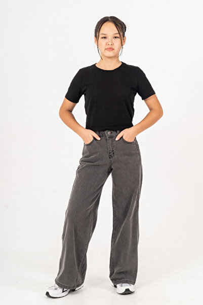 GİYİCEM TEKSTİL Girls' Side Stripe Wide Leg Stripe Jeans 2225