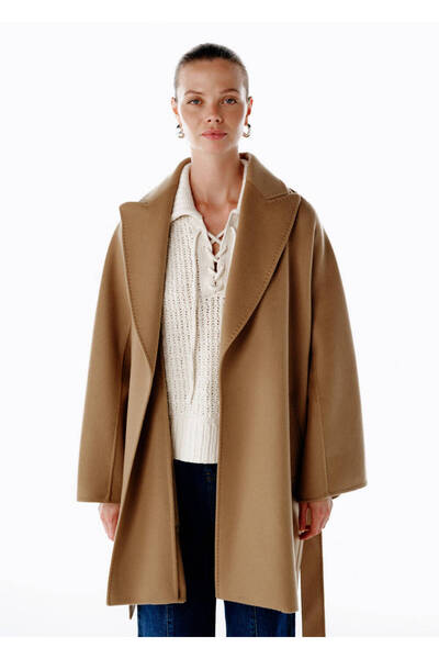 Knitss Kuşaklı Yün Kaban Camel