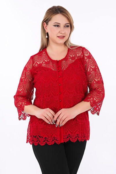 KİFAYET Büyük Beden Dantelli Truvakar Kol Düğmeli Şık Abiye Kadın Bluz