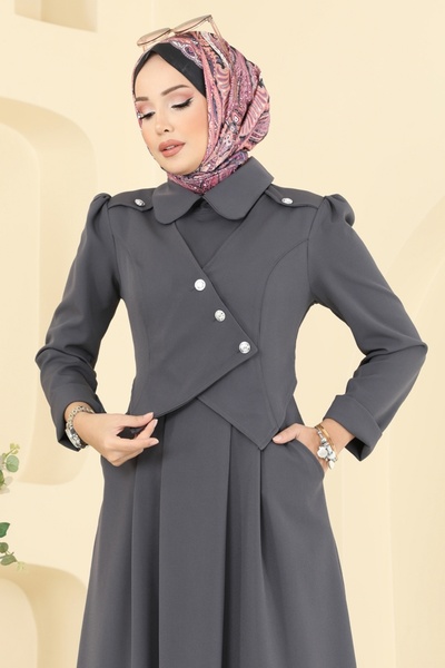 ModaMerve Ceket Detaylı Dabıl Elbise 2743SL432-MS Antrasit