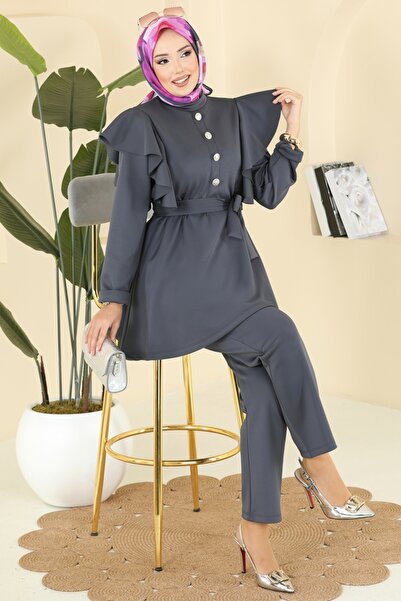 ModaMerve Fırfır Detaylı İkili Scuba Takım 6099TEG847-MS Antrasit