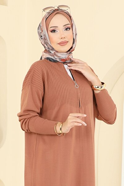 ModaMerve Yarım Fermuarlı Triko Tunik 2736AYD574-MS Soğan Kabuğu