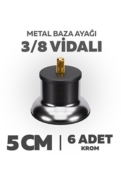 wooden lane studio Baza Ayağı 5 Cm 3/8 Vidalı 6’lı Set Metal Krom Yatak Mobil...