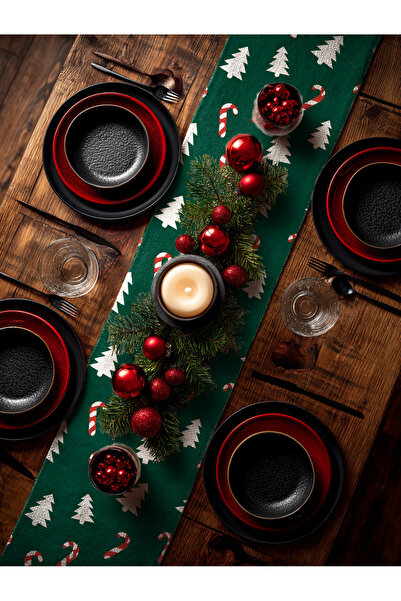 Medi Home Yılbaşı Şeker Kamışı ve Çam Ağaçlı Yeşil Deseni Runner