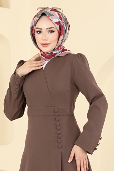 ModaMerve V Yaka Aksesuar Düğmeli Elbise 2754SL432-MS Koyu Vizyon