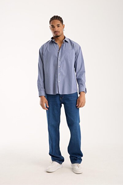 Abbate Ανδρικό ριγέ πουκάμισο BB Club Rio Twill Cotton oversized Fit Navy Blue Classic Collar