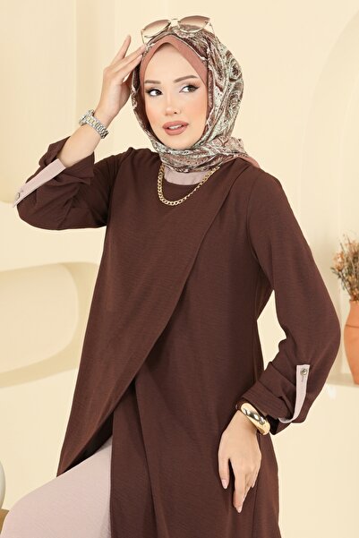 ModaMerve Tuniği Yırtmaçlı Elbiseli Takım 2742SL432-MS Kahve&Vizyon