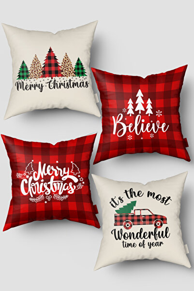EsnafAli Set de 4 huse de pernă cu tematică de Crăciun, în carouri roșii și b...