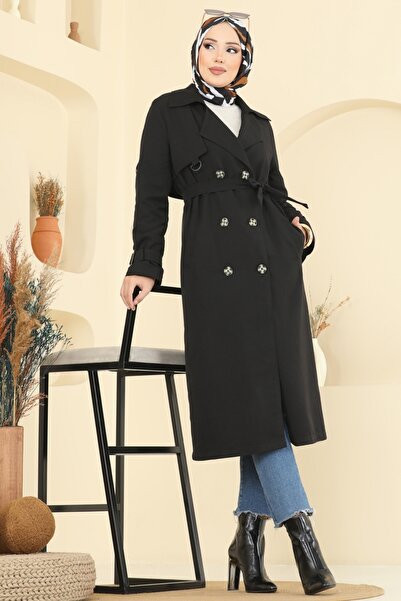 ModaMerve Manşeti Kemer Detaylı Trençkot 040OZT1013-MS Siyah