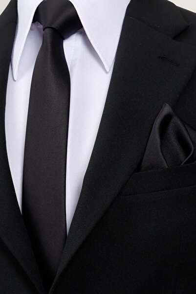 Esgue 6 cm Slim Thin Black Satin Handkerchief Tie – Premium Slim Tie with Special Gift Box