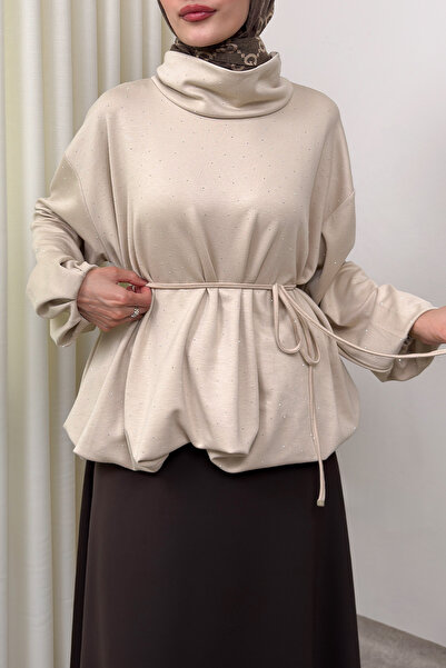 zhrcelebi بلوزة كاجوال بتفاصيل حجرية 0026 - بيج