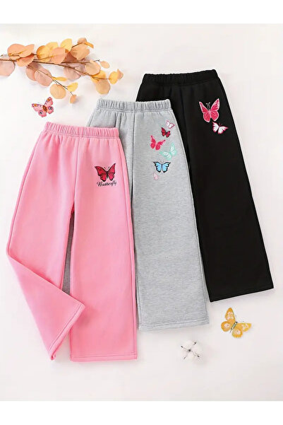 MORNİNG KİDS Dievčenské tepláky s potlačou motýľov, 3 kusy (čierno-sivá-ružová)