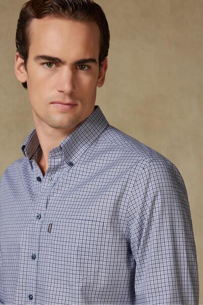 Abbate Aldomar Поплін Бавовняний Comfort Fit Синій Комір на ґудзиках Чоловіча картата сорочка