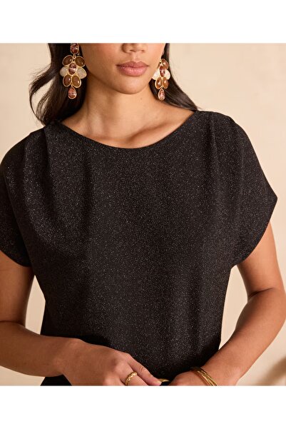 Loomi Siyah Simli Kısa Kollu Bluz Yuvarlak Yaka Şık Kadın Tshirt