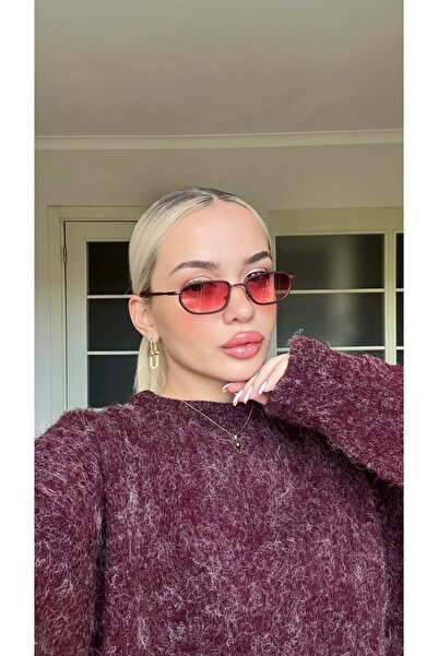 TomyHelf Kırmızı Camlı Güneş Gözlüğü Kadın UV400 Korumalı Metal Çerçeve Retro Minimal Trend Model