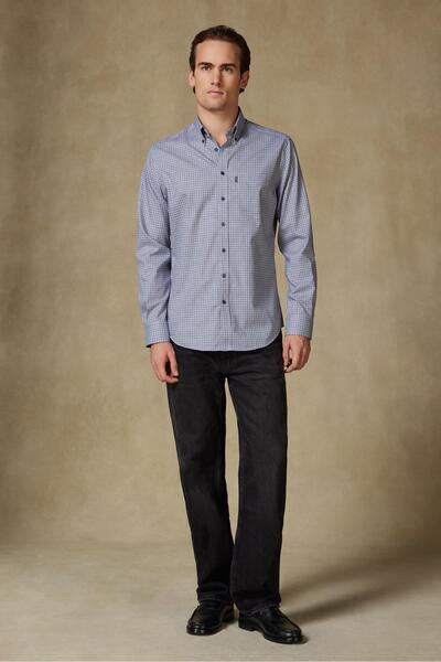 Abbate Aldomar Поплін Бавовняний Comfort Fit Синій Комір на ґудзиках Чоловіча картата сорочка