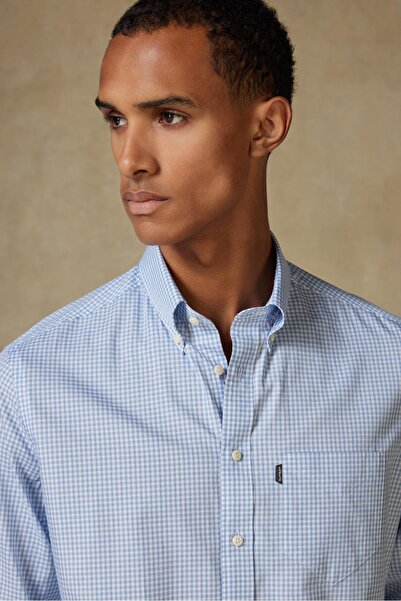 Abbate Aldomar Поплин памук Комфортна кройка Светлосиня Риза с копчета и яка Мъжка карирана риза