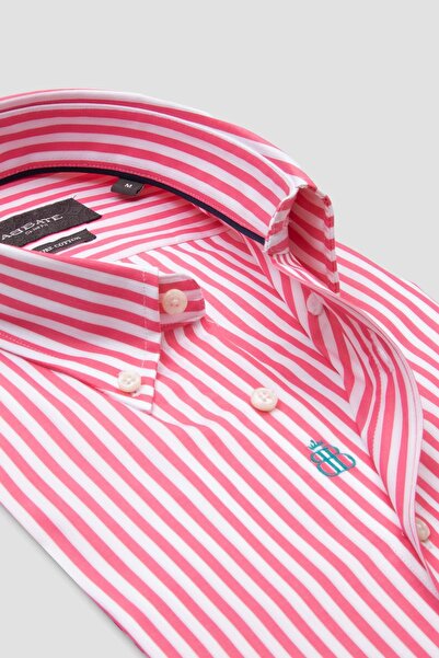 Abbate Carlo Twill Бавовняна Slim Fit Рожева Комір з ґудзиками Чоловіча сорочка в смужку