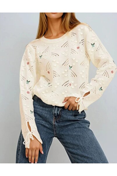 Vaniza Pulover tricotat cu model floral cu detaliu pe mâneci