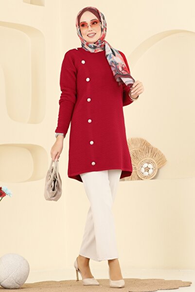 ModaMerve Aksesuar Düğmeli Triko Tunik 2735AYD574-MS Kırmızı