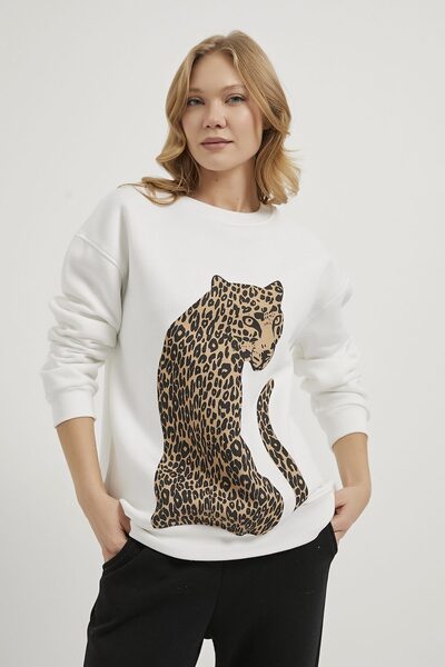 Arma Life Armalife 10906 Leopard Printed Circular Neck Fleece-Lined Din Sweatshirt