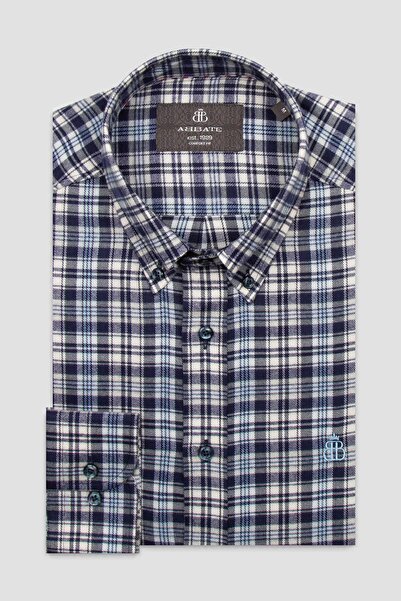 Abbate Ανδρικό καρό πουκάμισο Luca Flannel από βαμβακερό μείγμα Comfort Fit Navy Blue με κουμπιά στο γιακά