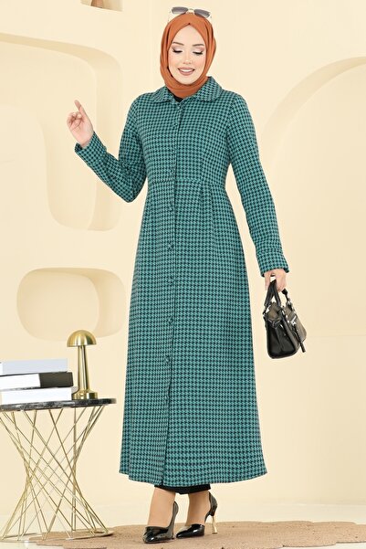 ModaMerve Kazayağı Desenli Gömlek Yaka Elbise 5081ERK1158-MS Turkuaz